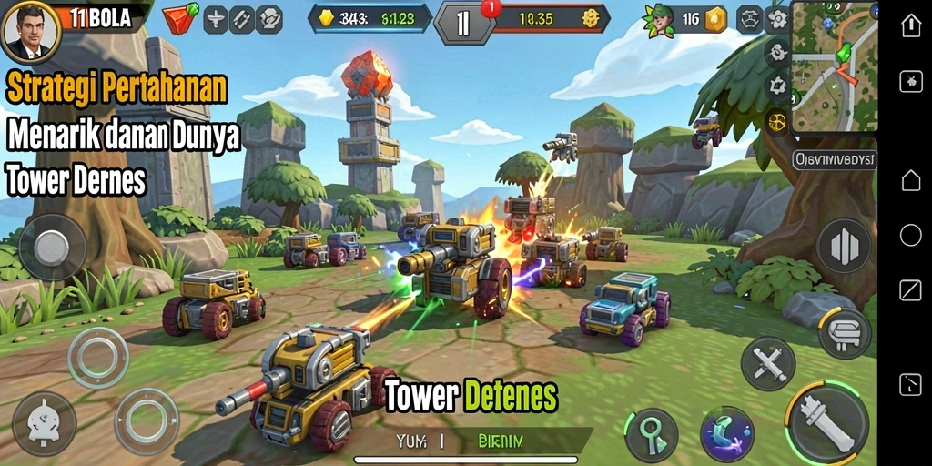 Screenshot gameplay 11BOLA menampilkan strategi Tower Defense yang seru.