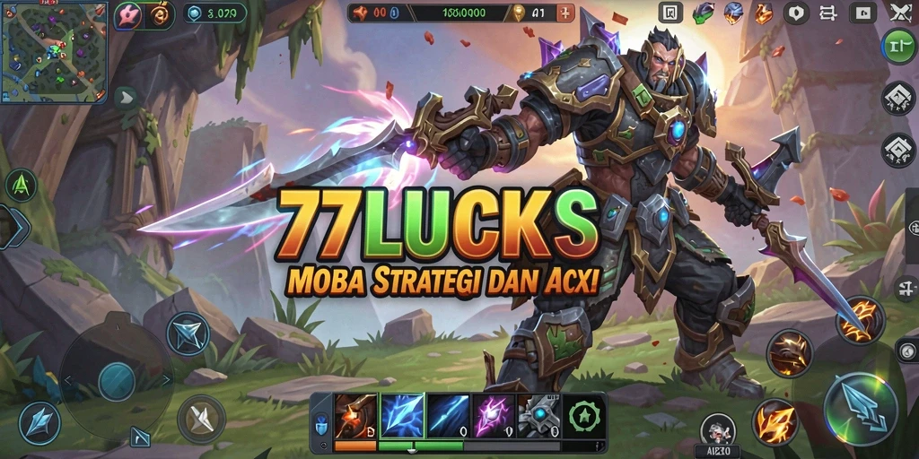 Screenshot permainan <strong>77LUCKS</strong> dengan aksi MOBA yang seru.