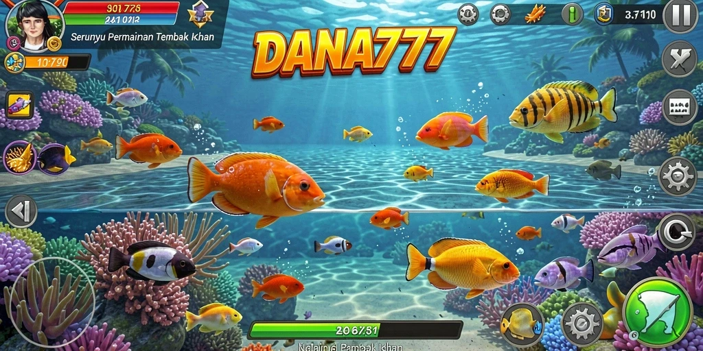 Tampilan gameplay seru dalam DANA777 dengan aksi menembak ikan.