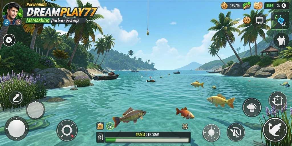 Screenshot gameplay utama DREAMPLAY77 menampilkan aksi memancing yang mendebarkan.