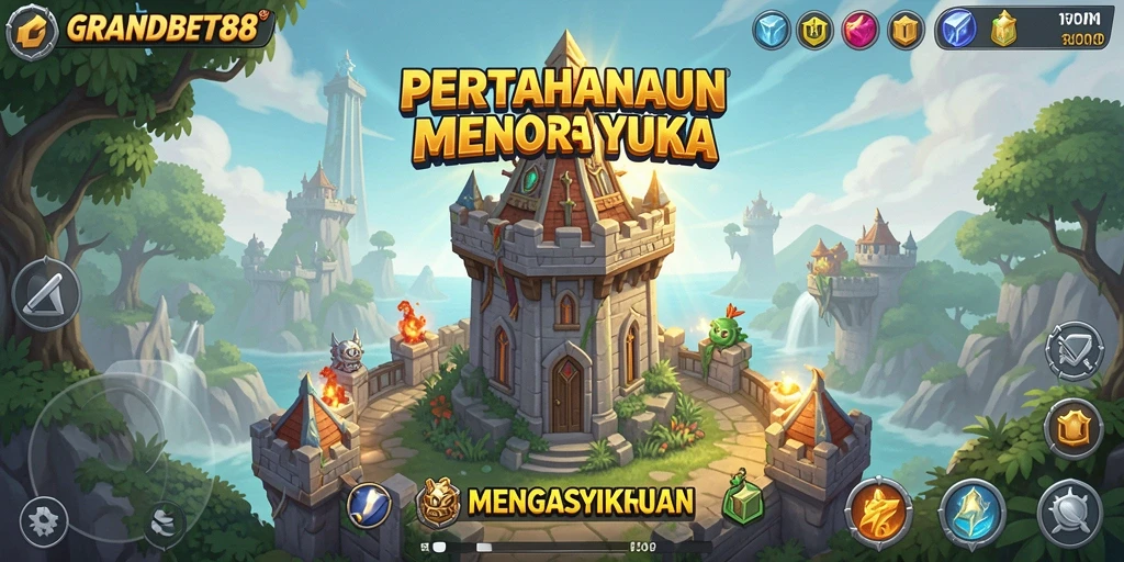 Tampilan gameplay <strong>GRANDBET88</strong> dengan menara dan strategi pertahanan yang menakjubkan.