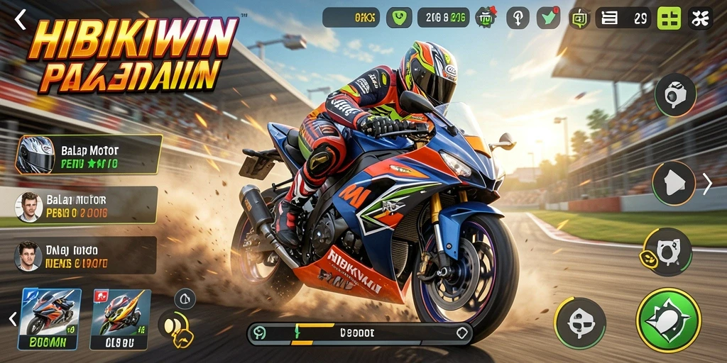 Screenshot gameplay HIBIKIWIN dengan aksi balap motor yang intens.