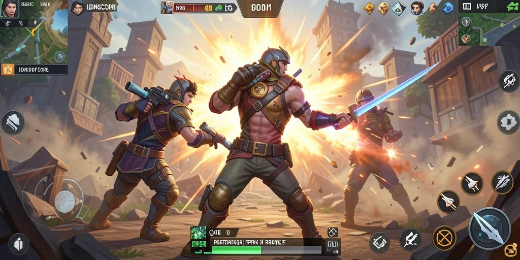 Screenshot utama IDNSCORE menampilkan aksi pertempuran di arena Battle Royale.