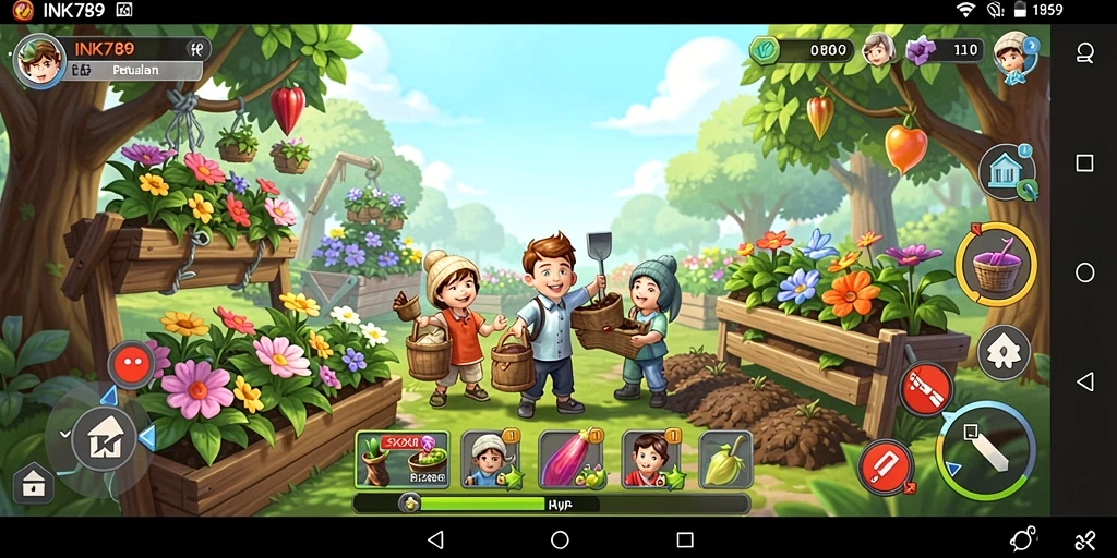 Tampilan gameplay INK789 yang menampilkan kebun yang indah dan beragam tanaman.
