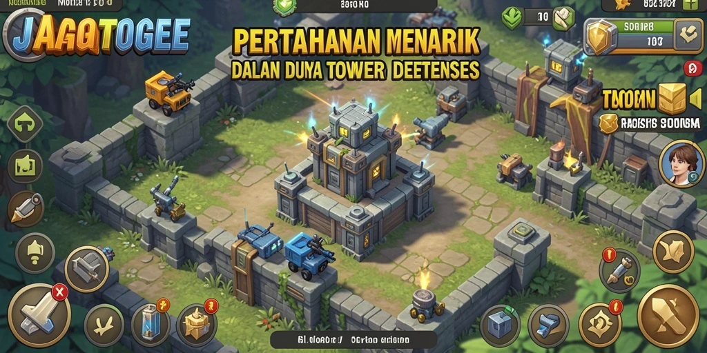 Screenshot gameplay JAGOTOGEL menampilkan aksi menara melawan gelombang musuh.