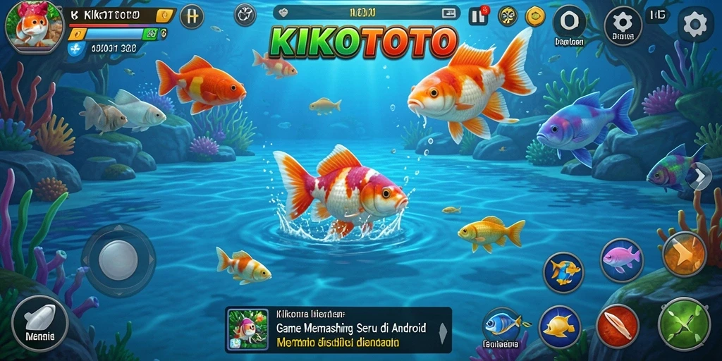 Tampilan gameplay menarik dalam KIKOTOTO dengan alat memancing lengkap.