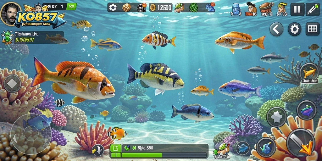 Screenshot gameplay KO857 menampilkan aksi seru menembak ikan.