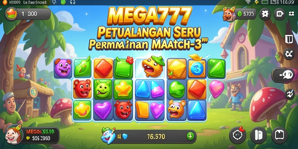 Screenshot menunjukkan gameplay Match-3 yang seru dan penuh warna.