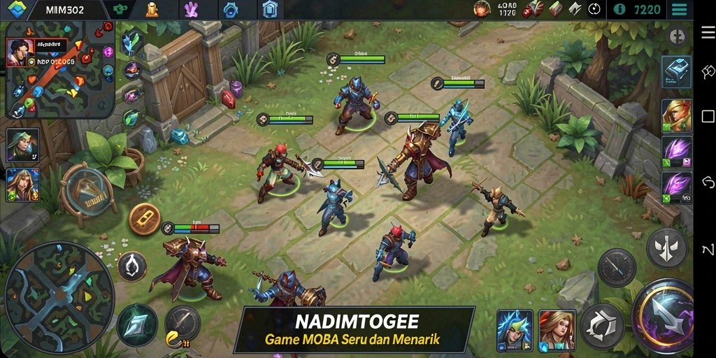 Screenshot utama NADIMTOGEL menampilkan aksi seru di arena pertempuran MOBA.