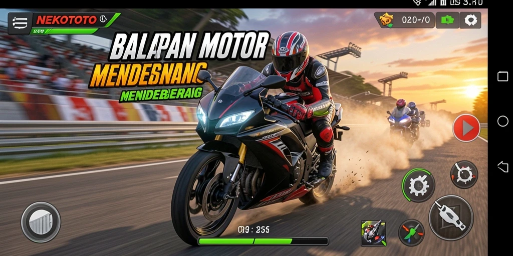 Screenshot NEKOTOTO menampilkan balapan motor yang seru dan penuh aksi.