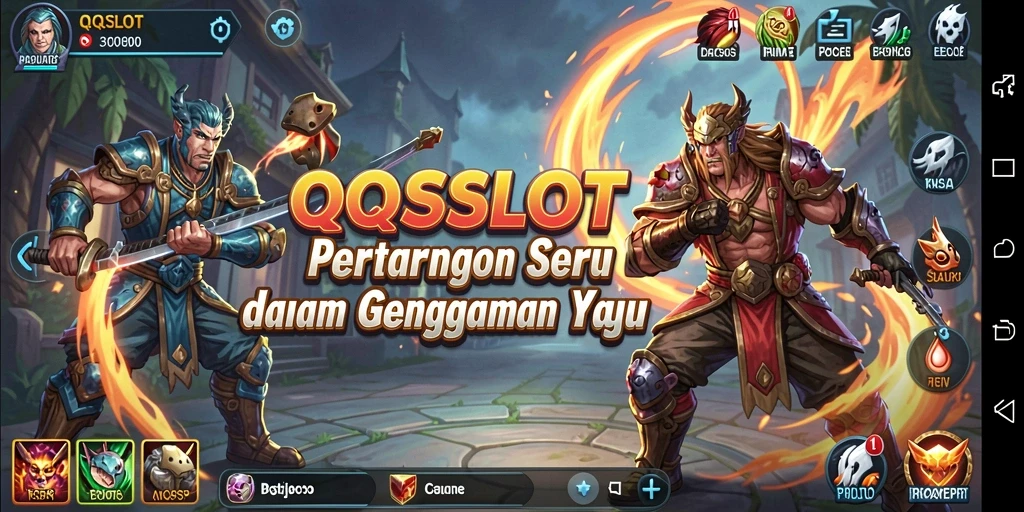 Screenshot utama QQSLOT menampilkan pertarungan epik antar karakter dengan grafis menakjubkan.