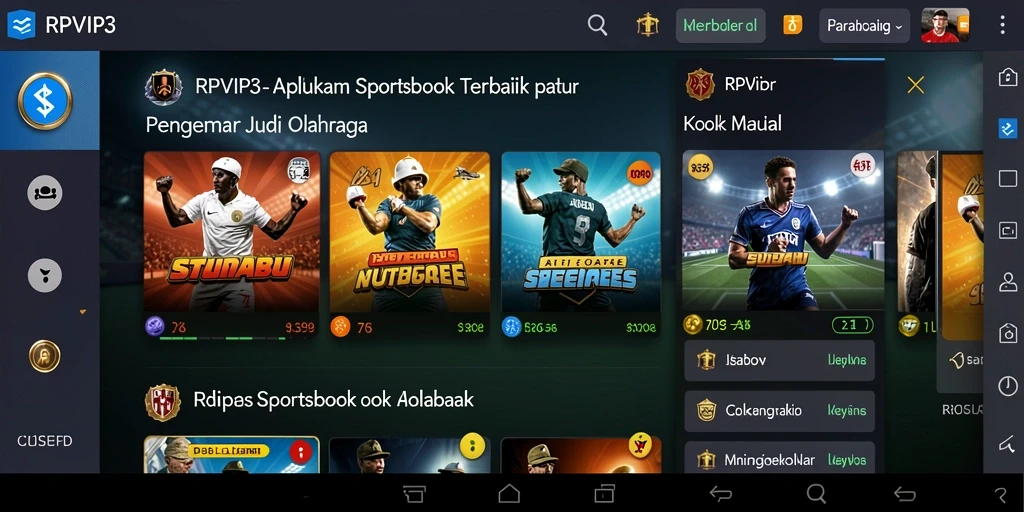 Screenshot tampilan RPVIP3 menunjukkan antarmuka yang menarik dan fitur sportsbook.