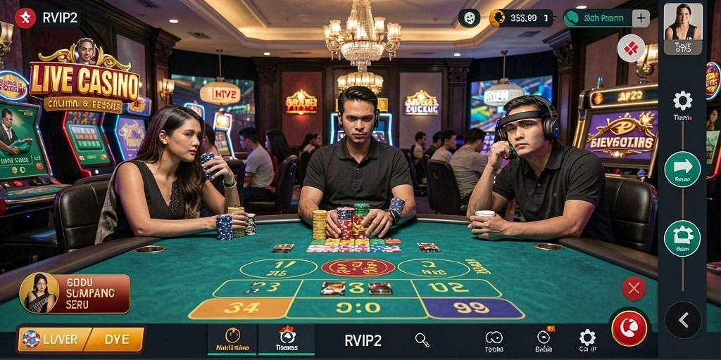 Tampilan utama RVIP2 dengan dealer langsung dan permainan kasino.