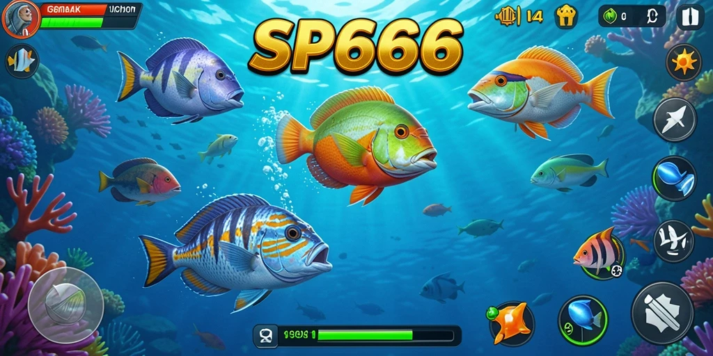 Screenshot gameplay SP666 menunjukkan aksi menembak ikan yang seru.