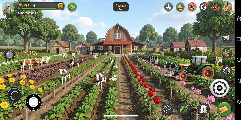 Tampilan gameplay V98 yang penuh warna dan aktivitas bertani.