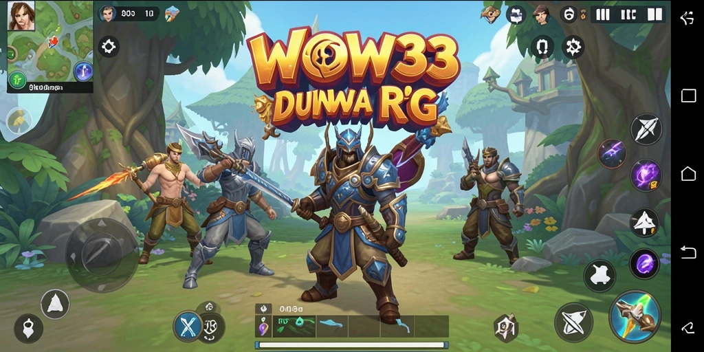 Screenshot utama WOW33 menampilkan pertarungan epik di dunia fantastis.